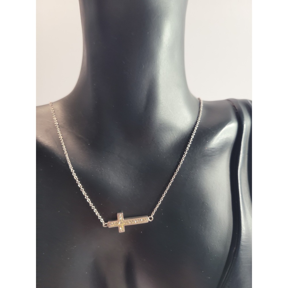 Silver Tone Sideways Cross Necklace Clear Rhinestone Christian Faith Jewelry